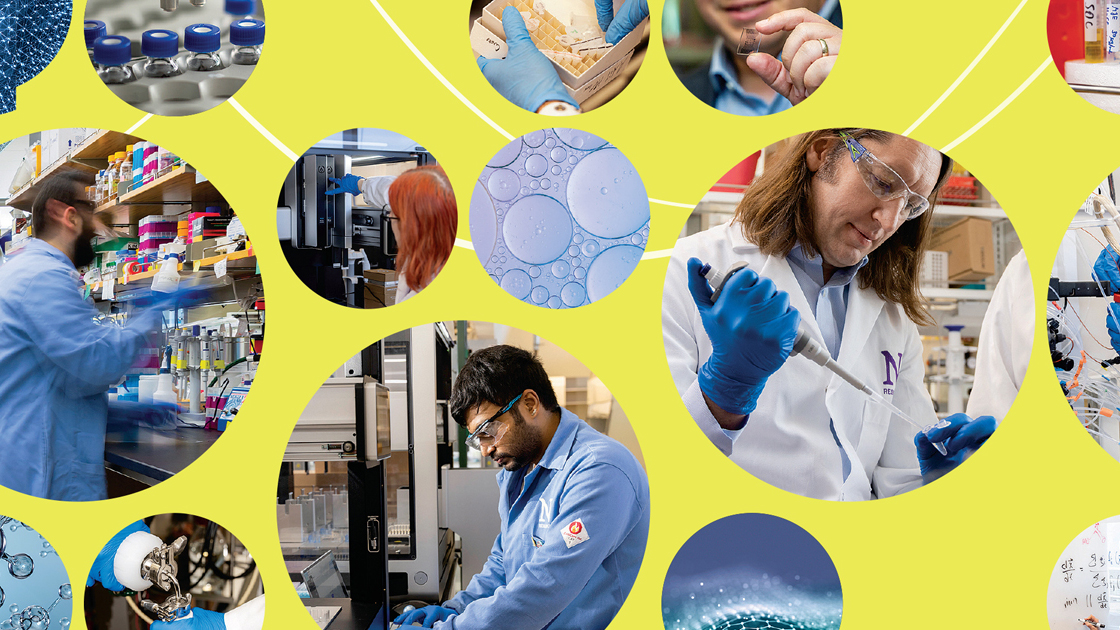 Collage of researchers working in various settings arranged against bright yellow background