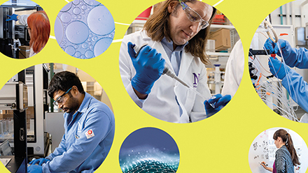 Collage of researchers working in various settings arranged against bright yellow background