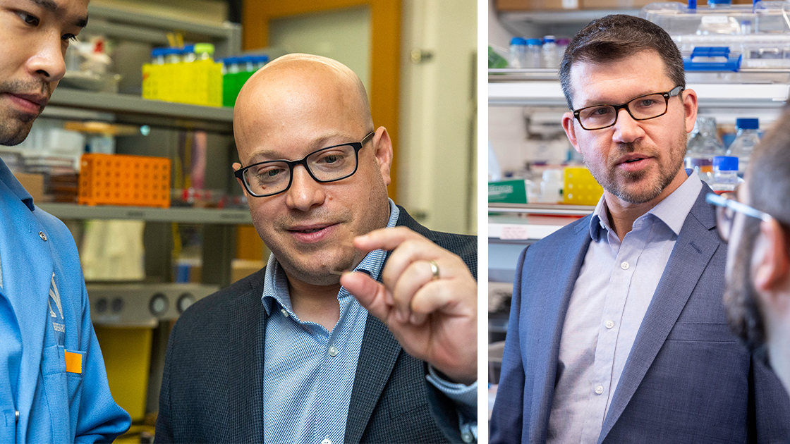 Two photographs - one of Jonathan Rivnay collaborating in lab, and one of Josh Leonard in lab 