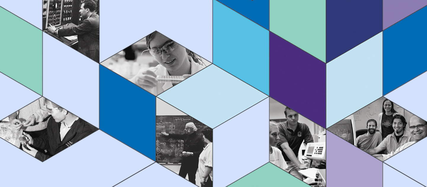 Graphic with grid of blue and purple diamonds and photos of researchers and educators across generations